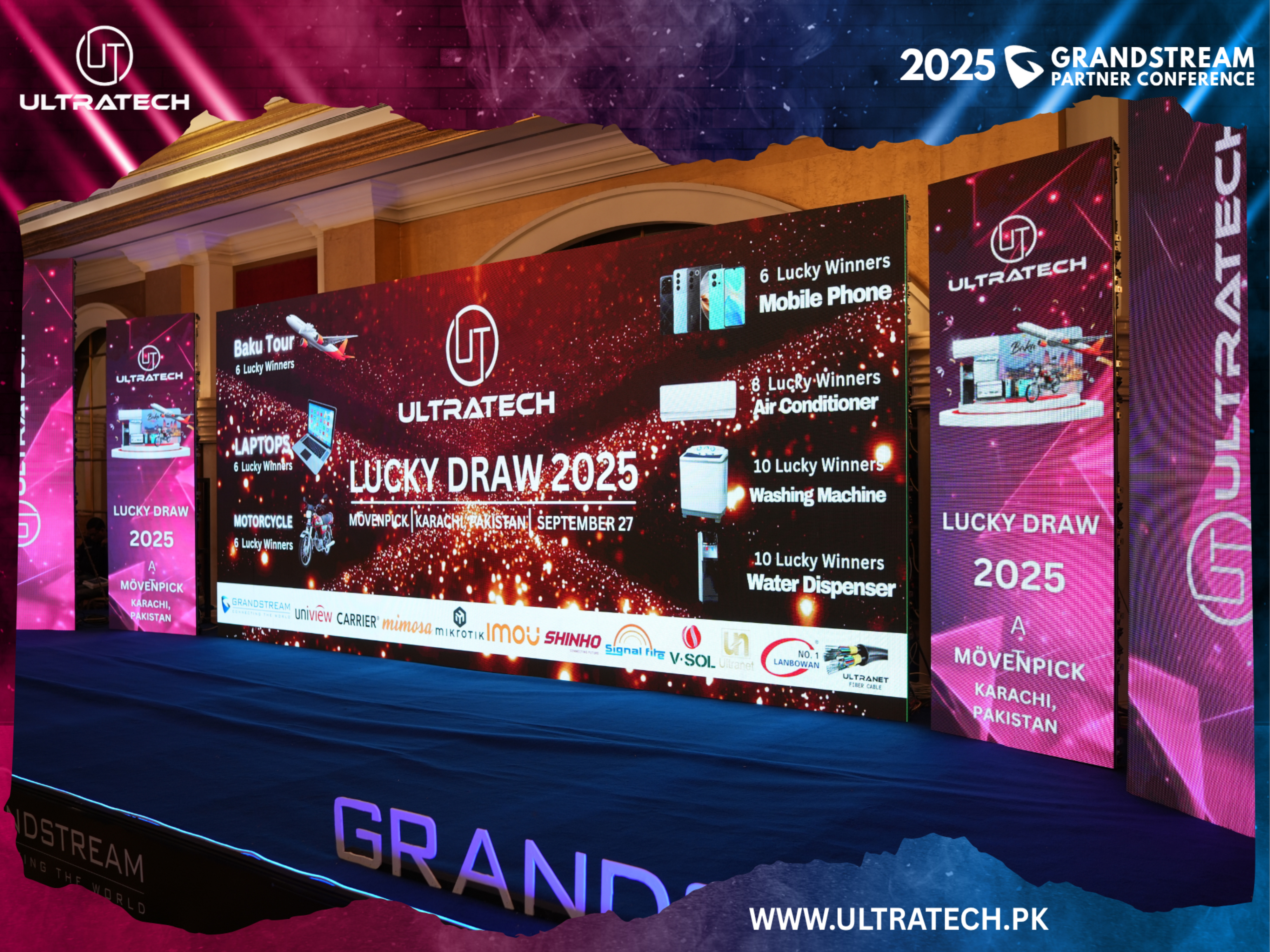 Promotional setup for Ultratech Lucky Draw 2025 event with digital screens and branding.